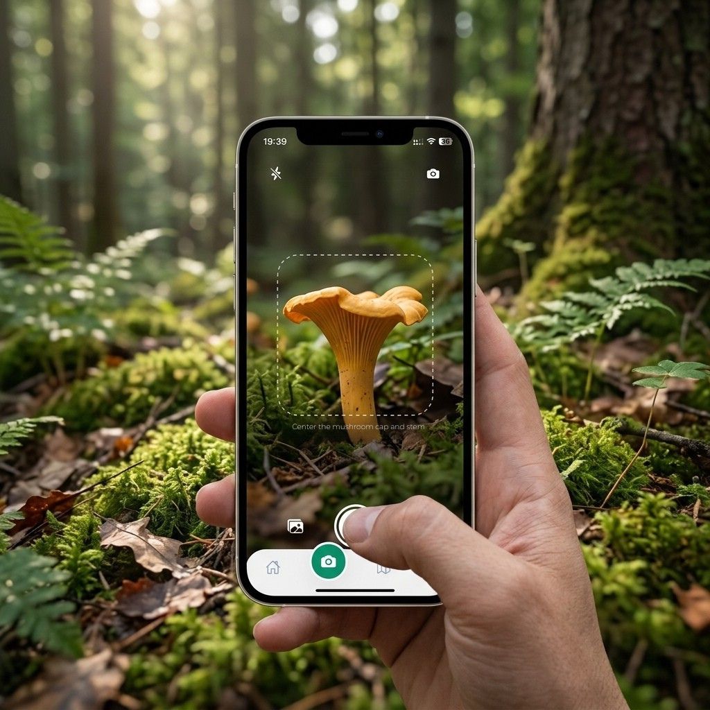 Hand holding phone showing a fishing spot map near a lake with Fishing Spot Finder app
